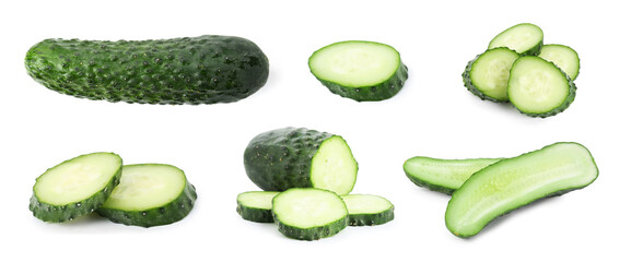 Fresh cucumbers isolated on white, set. Whole and sliced