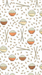 Seamless Pattern of Pixelated Rice Bowls and Chopsticks on a White Background