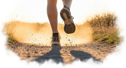 Trail Runner's Dust Cloud - A dynamic symbolizing freedom, energy, determination, perseverance, and achievement. A runner's feet kicking up dust on a trail at sunset