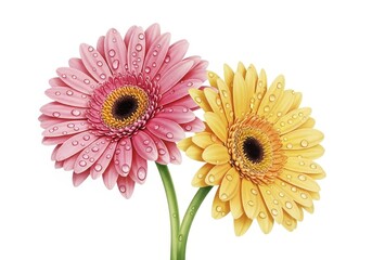 Two Gerbera Daisies with Dew Drops - Close-up of two gerbera daisies, one pink and one yellow, with water droplets on their petals against a white background