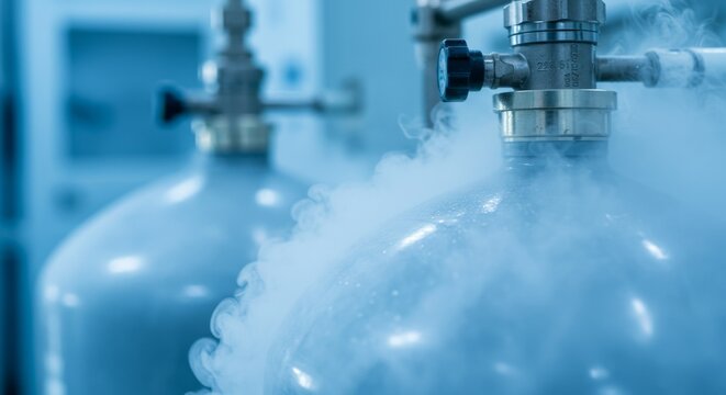 Close-up of two cryogenic tanks with valves, showing condensation forming as vapor. Light blue color grading throughout.