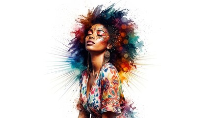 Vibrant Woman Colorful Hair Portrait - A stunning portrait of a Black woman with a vibrant, colorful afro and intricate makeup. She is wearing a patterned dress