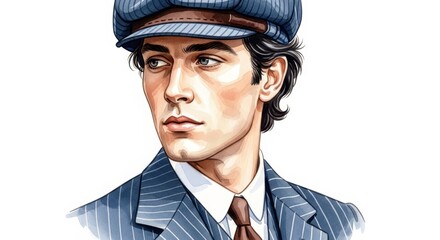 Vintage Gentleman: A Close-Up Portrait - A stylish man in a pinstripe suit and newsboy cap, symbolizing classic fashion, sophistication, confidence, heritage, and timeless elegance