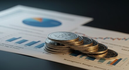 Stack of coins on top of financial data reports, including bar graphs, line graphs and pie charts.