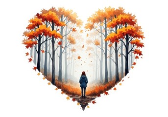 Woman in Autumn Heart Shaped Forest - A solitary figure stands on a path within a heart-shaped autumn forest, surrounded by vibrant orange and red leaves