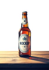 Beer Bottle Mockup on Wooden Table - Amber beer bottle mockup with vintage label, sitting on a rustic wooden table against a white background. Perfect for branding and design projects