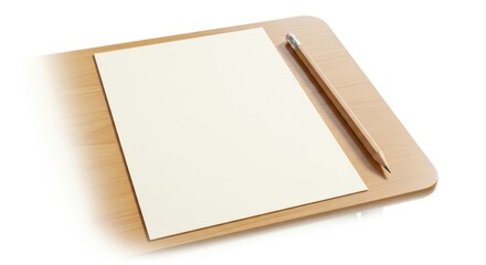 Blank Paper and Pencil on Wooden Desk - A clean of blank cream-colored paper and a pencil on a light brown wooden desk. Perfect for mockups or stationery designs