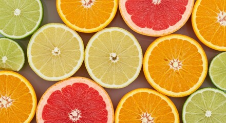 Obraz premium Overhead view of citrus fruit slices: limes, lemons, oranges, and grapefruit on a brown surface. Close-up, even lighting.