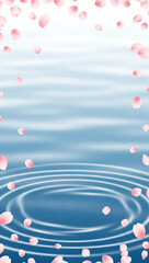 Falling Cherry Blossom Petals on Rippling Blue Water Surface