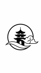 Stylized Asian Pagoda Tower Silhouette with Flowing Clouds and Water Waves in a Circle Emblem