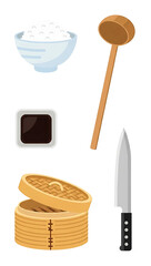 Japanese Cuisine Ingredients and Utensils for Cooking and Eating Traditional Meals