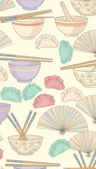 Japanese Food Pattern with Dumplings Chopsticks and Fans Design