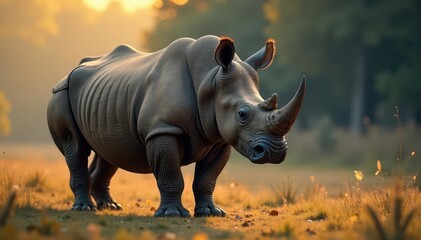 Obraz premium Rhino stands alone, horn sharp, eyes focused forward , nature, landscape, horn