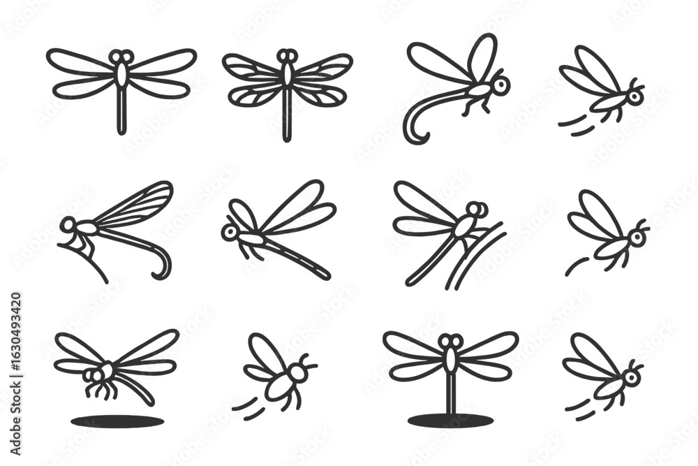 Poster set of simple dragonfly and insect icons on dark background