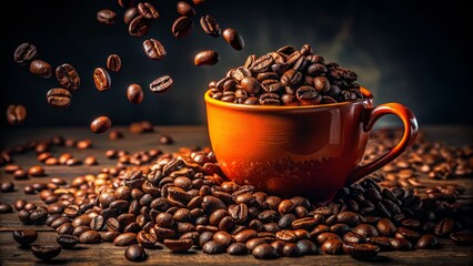 Rich, aromatic coffee beans cascade into a vibrant orange mug, creating a visually stunning and energizing morning scene.