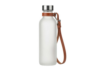 Obraz premium Modern Glass Water Bottle with Leather Strap Isolated on White