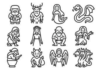 Collection of mythical creature icons: mermaid, dragon, ogre, witch, demon