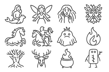 Fototapeta premium Whimsical mythical creature icons on dark background