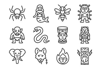 Fototapeta premium Mythical creatures icons - spider, mermaid, bee, goblin, snake, lion