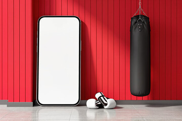 Mockup with blank smartphone screen in boxing gym interior with hanging punching bag and white gloves for combat sports app, fitness coaching or martial arts promotions with free copy space for text