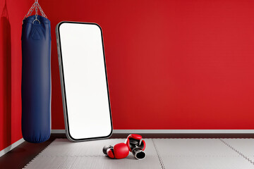 Mockup with blank smartphone screen in boxing gym interior with red gloves and punching bag for fitness, combat sports or martial arts with free copy space for text