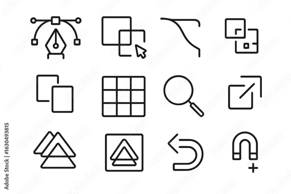 Poster vector graphic editing icons on dark background with various design tools