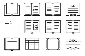 Set of 12 minimalist book and document icons on dark background