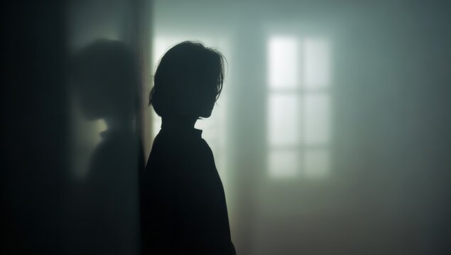 Atmospheric Double Exposure Portrait of Person in Desaturated Fog &ndash; Soft Focus Silhouette in Neutral Colors