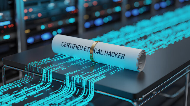 Ethical Hacking Certification: A rolled-up certificate of Certified Ethical Hacker lies on a server rack, bathed in the glow of digital data streams, highlighting data security and cybersecurity. 