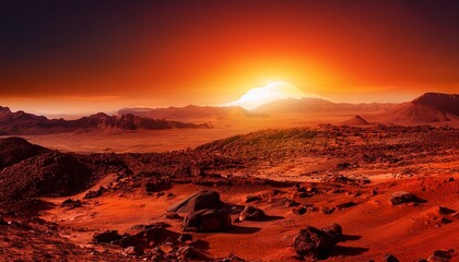 the image shows a digital rendering of a red planet s surface with a bright red sun rising on the horizon creating a dramatic and fiery landscape