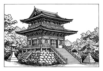 A Japanese Temple in the Mountain Black and White Outline Line Art Drawing with Traditional Architecture and Stone Lanterns