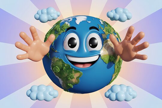 Friendly cartoon Earth character waving hello with a joyful smile and fluffy clouds in a vibrant sunshine background
