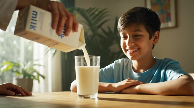 A boy sits down to drink a glass of milk that his mother is pouring for him in the morning.