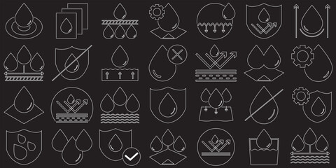 Waterproof icons. Collection of water resistant signs.  Anti wetting material, hydrophobic fabric, surface protection. Vector illustration. EPS 10/AI