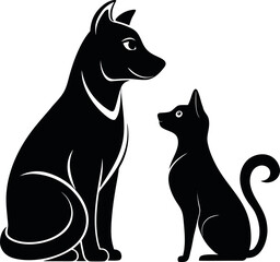 Friendly dog and cat sitting together in a black silhouette