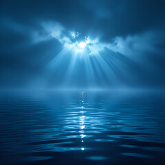 Fototapeta premium Mysterious blue ocean under dramatic sky with sunbeams breaking through clouds