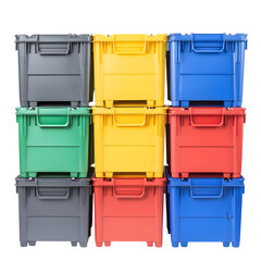 Multicolored storage boxes stacked on a transparent background