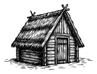 Rustic Thatched Roof Hut Wood Cabin Black and White Outline Line Art Drawing Traditional Village Building