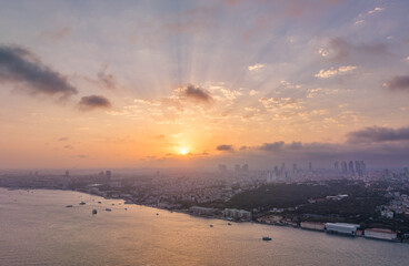 Aerial View of Bustling Istanbul City Skyline. Sunset. Turkey
