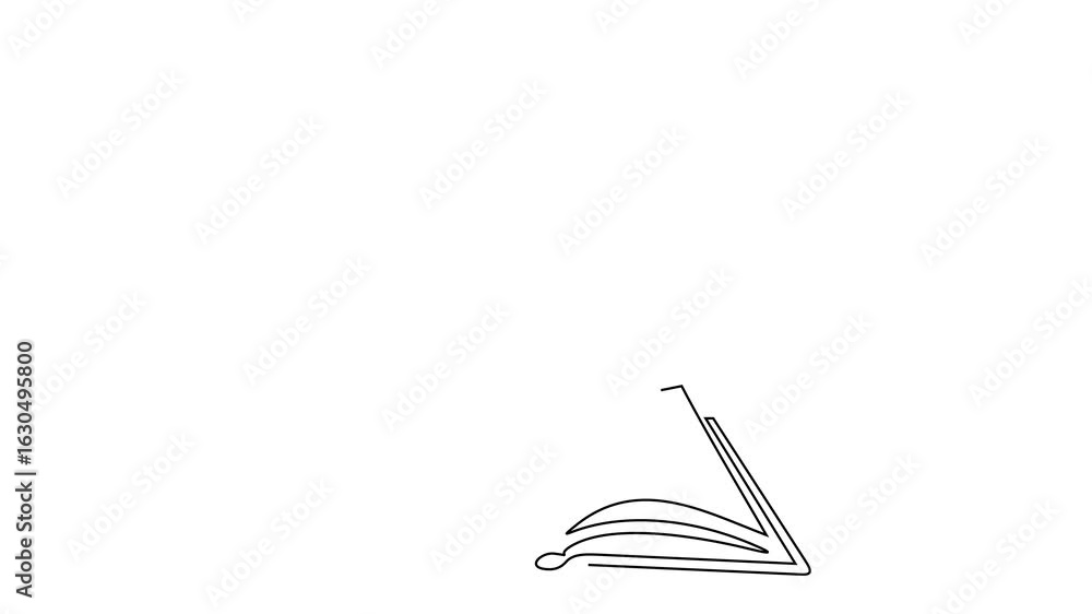 Poster animated self drawing of continuous line draw open book lying down with human brain above. full leng