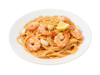 Fototapeta premium Shrimp Scampi Pasta with Lemon and Garlic on White Plate