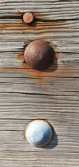 Rusty and weathered bolts embedded in old wooden planks. The natural decay, rust stains, and wood grain create an abstract industrial pattern with a vintage feel