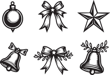 Festive holiday icons stars bows bells and baubles for design