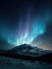 Majestic Aurora Borealis Illuminating a Mountain Landscape in a Serene Night Sky Over a Winter Wonderland