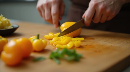 Close up shot of hands of male cook cutting off piece of yellow bell pepper with knife on wooden board while preparing dish