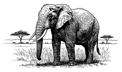 Large Elephant Standing in Savannah Landscape with Acacia Trees Black and White Outline Line Art Drawing 1