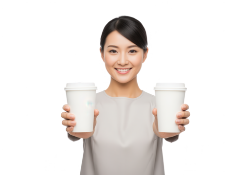 Friendly Asian Woman Holding Two Takeout Coffee Cups - Isolated