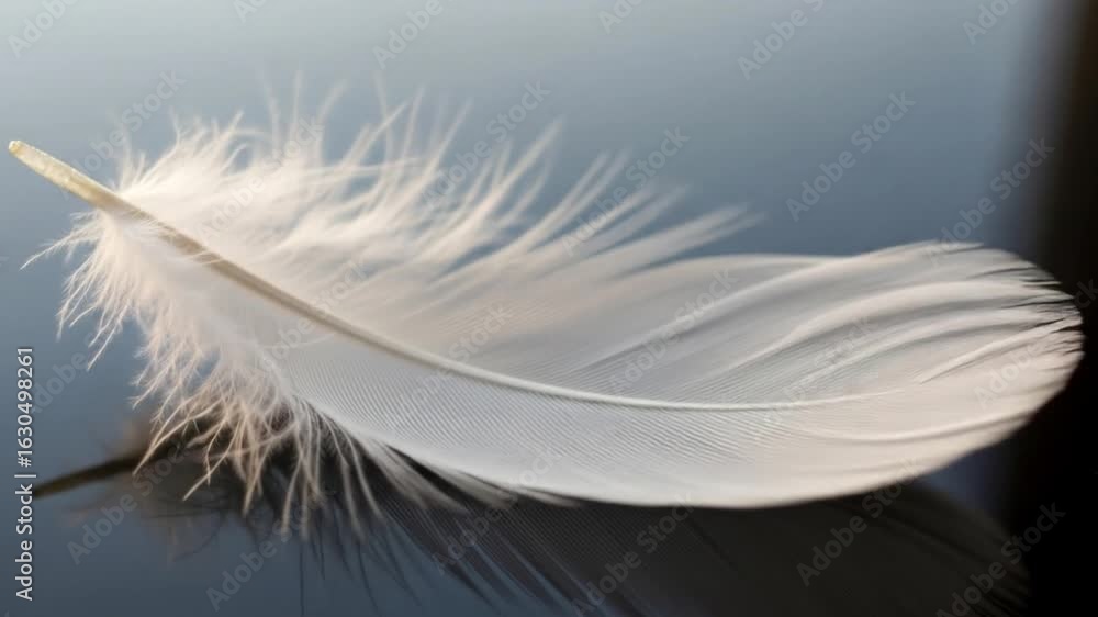 Poster single white feather close up on dark reflective surface a light smooth clean texture with soft deli