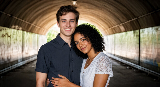 Happy young interracial couple with a loving mood hugging and smiling in a tunnel against a blurred urban background