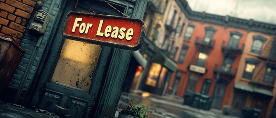 Rainy Day Rental: For Lease Sign on Weathered Door in Urban Alley